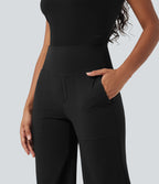 High Waisted Tummy Control Straight Leg Work Trousers with Pockets — Black — view 6