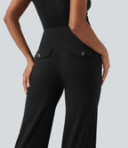 High Waisted Tummy Control Straight Leg Work Trousers with Pockets — Black — view 7