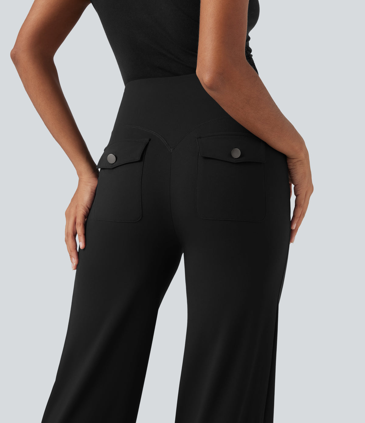 High Waisted Tummy Control Straight Leg Work Trousers with Pockets — Black — view 7