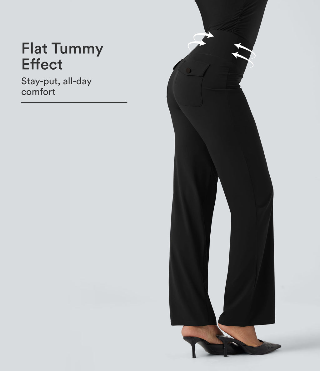 High Waisted Tummy Control Straight Leg Work Trousers with Pockets — Black — view 1