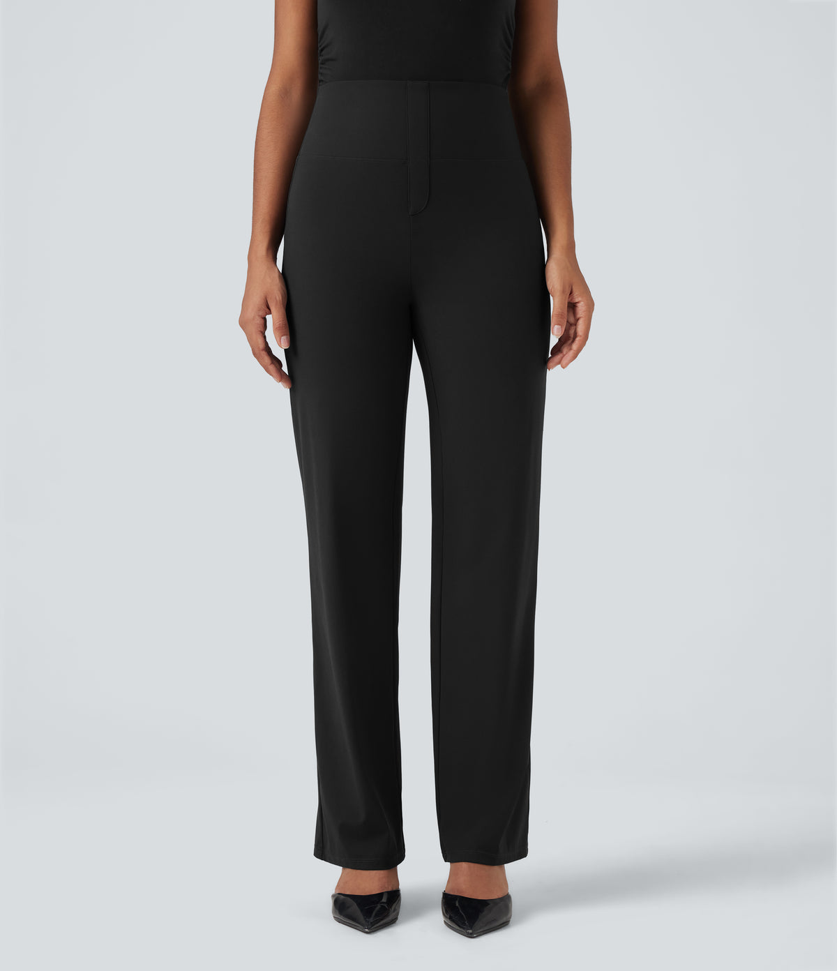 High Waisted Tummy Control Straight Leg Work Trousers with Pockets — Black — view 2