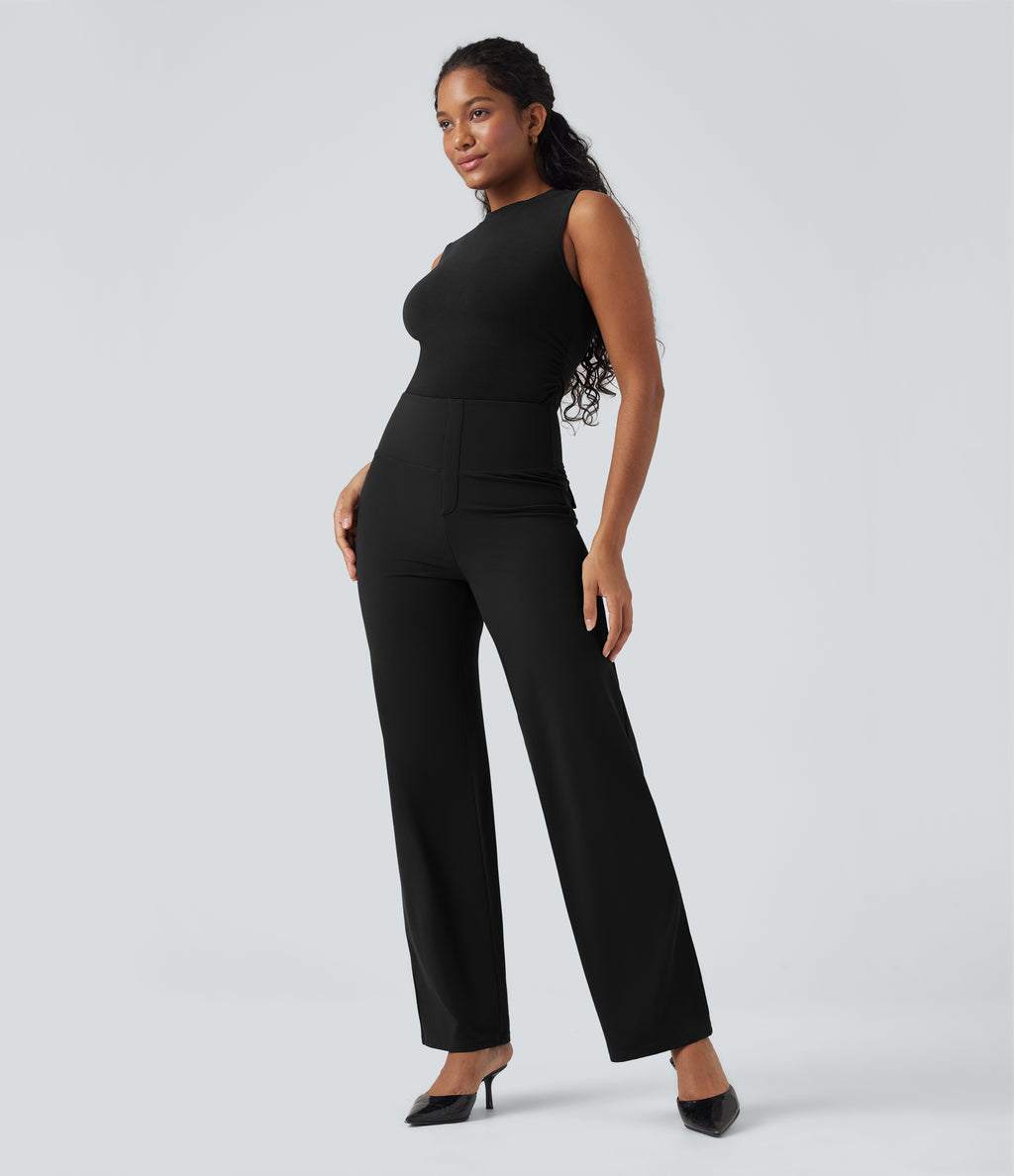 High Waisted Tummy Control Straight Leg Work Trousers with Pockets — Black — view 4