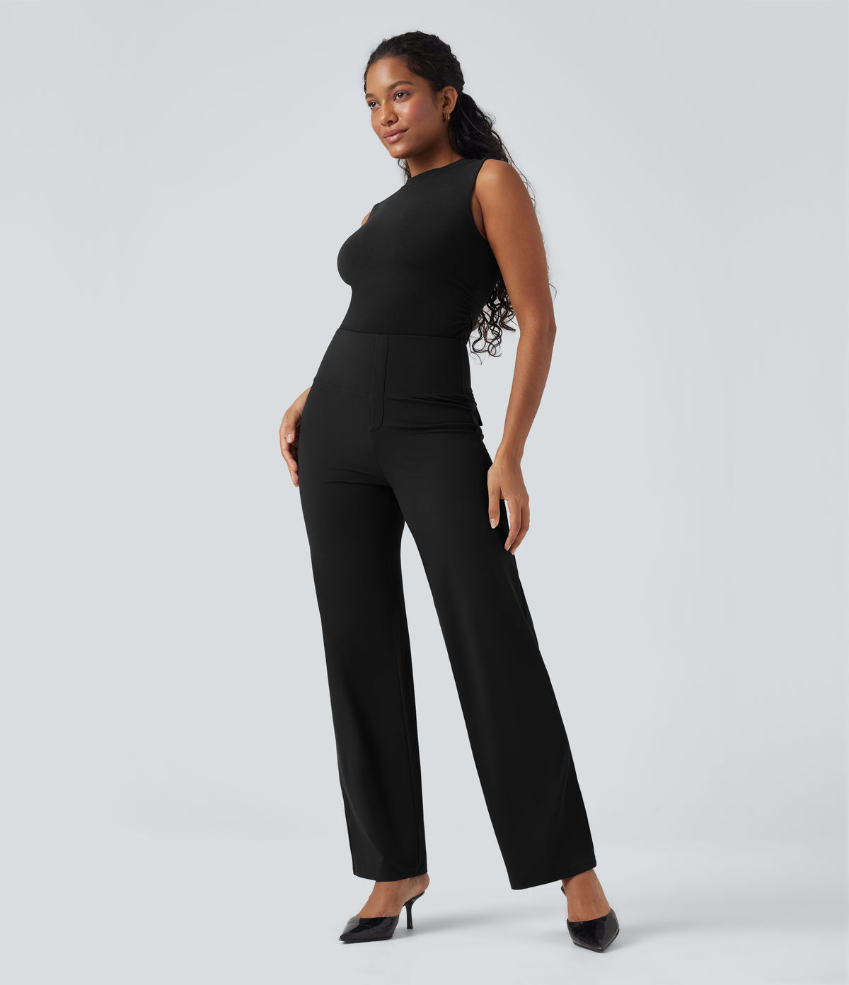 High Waisted Tummy Control Straight Leg Work Trousers with Pockets — Black — view 4