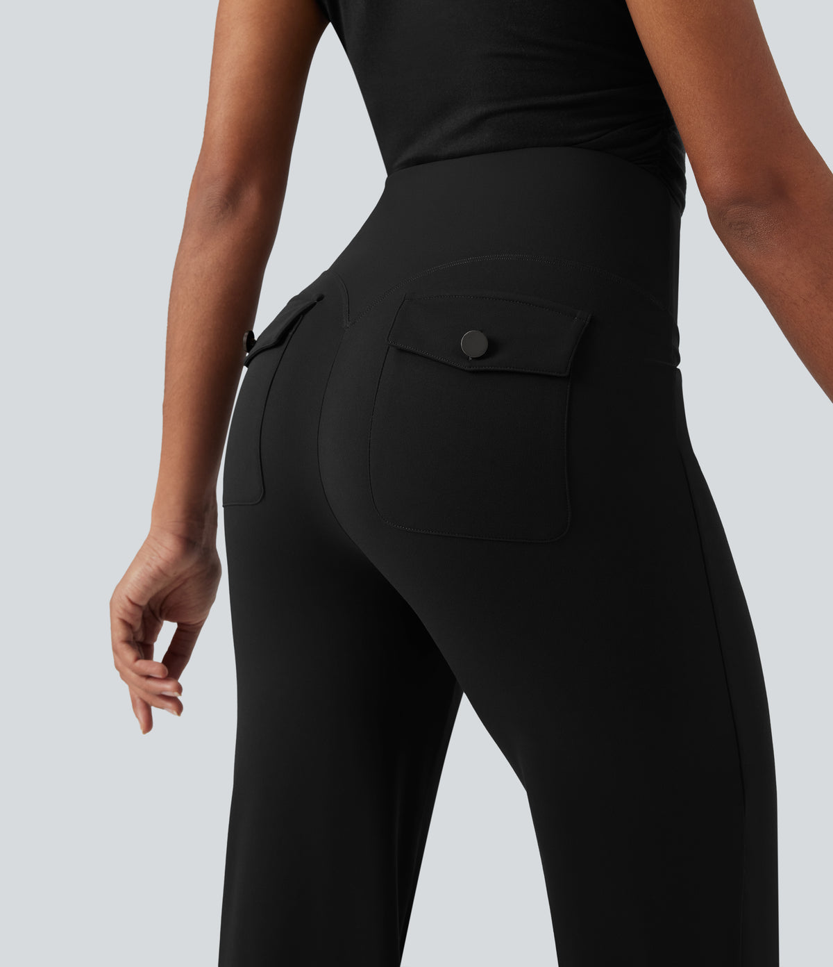 High Waisted Tummy Control Straight Leg Work Trousers with Pockets — Black — view 6