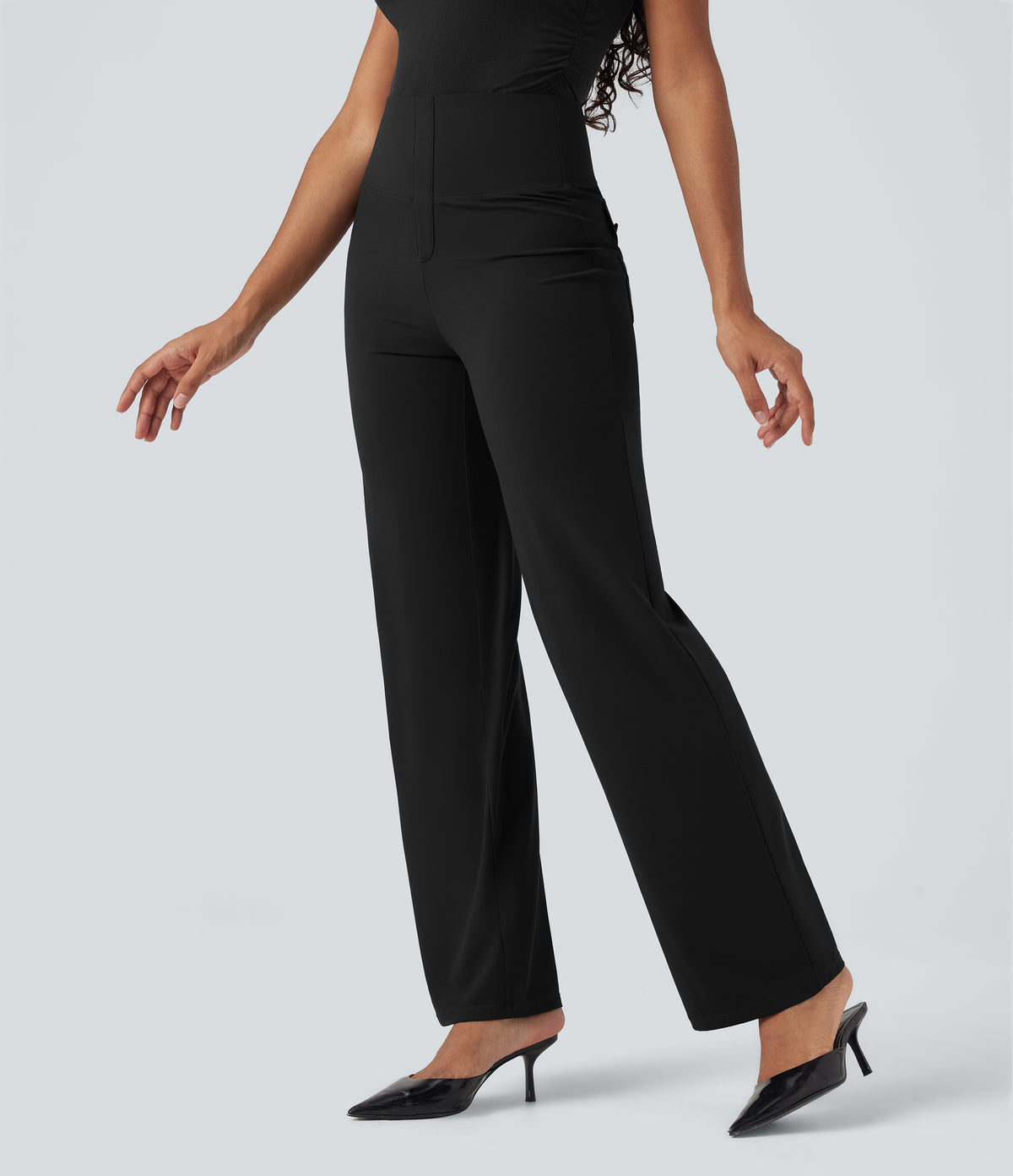 High Waisted Tummy Control Straight Leg Work Trousers with Pockets — Black — view 3