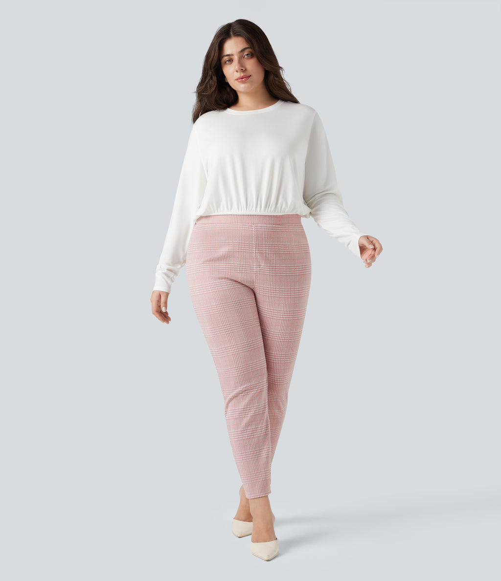 Plus Size High Waisted Houndstooth Plaid Skinny Work Trousers with Pockets — Bean Paste Houndstooth Plaid — view 7