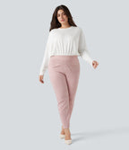 Plus Size High Waisted Houndstooth Plaid Skinny Work Trousers with Pockets — Bean Paste Houndstooth Plaid — view 7