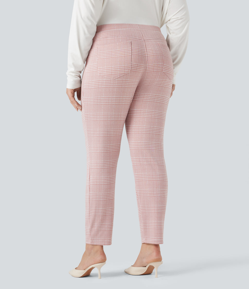 Plus Size High Waisted Houndstooth Plaid Skinny Work Trousers with Pockets — Bean Paste Houndstooth Plaid — view 2