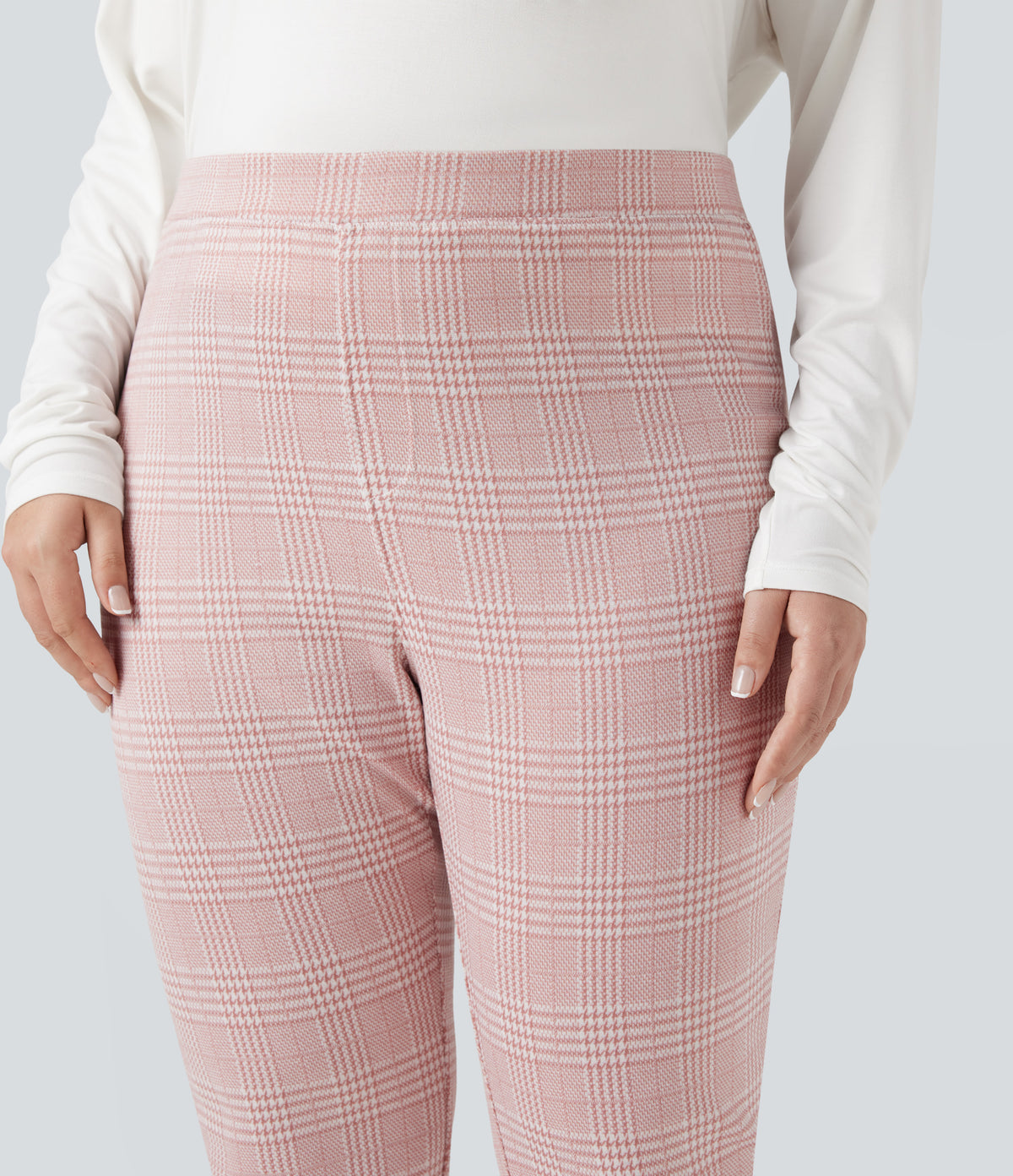 Plus Size High Waisted Houndstooth Plaid Skinny Work Trousers with Pockets — Bean Paste Houndstooth Plaid — view 5
