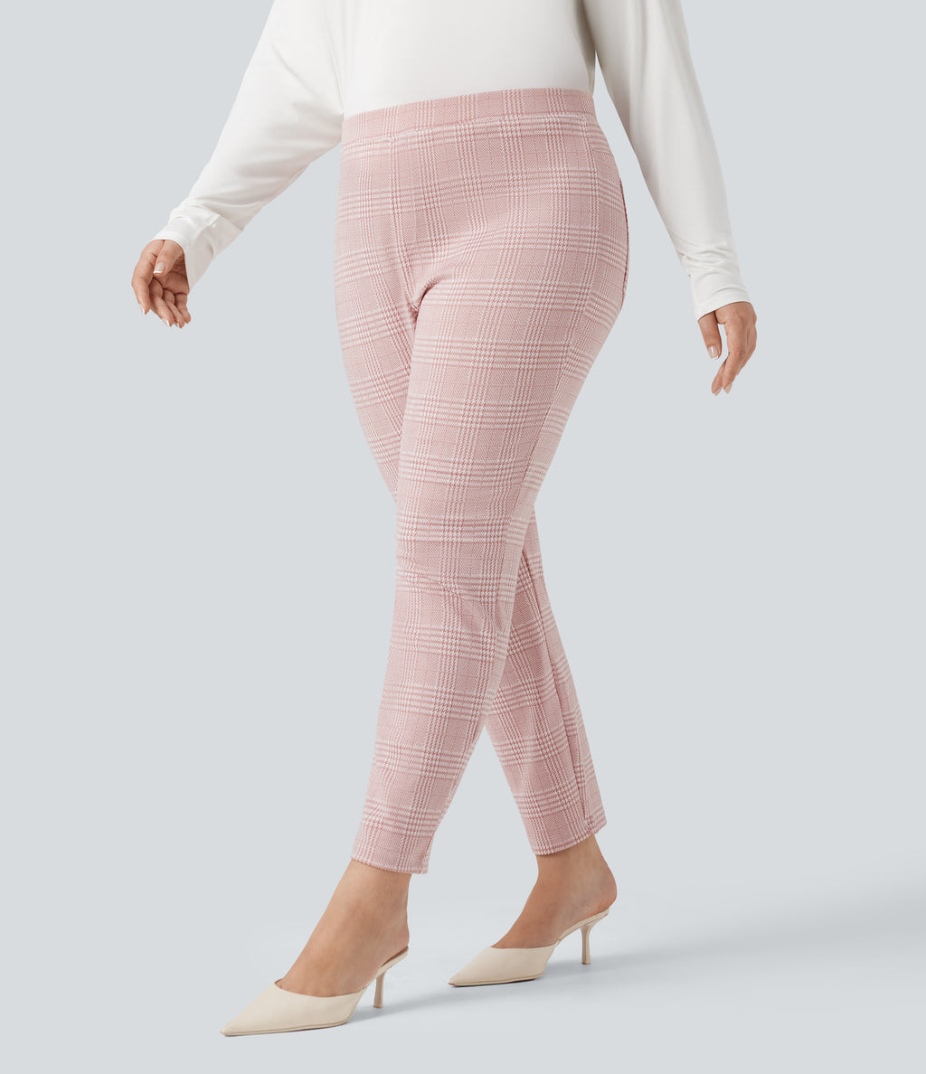 Plus Size High Waisted Houndstooth Plaid Skinny Work Trousers with Pockets — Bean Paste Houndstooth Plaid — view 3