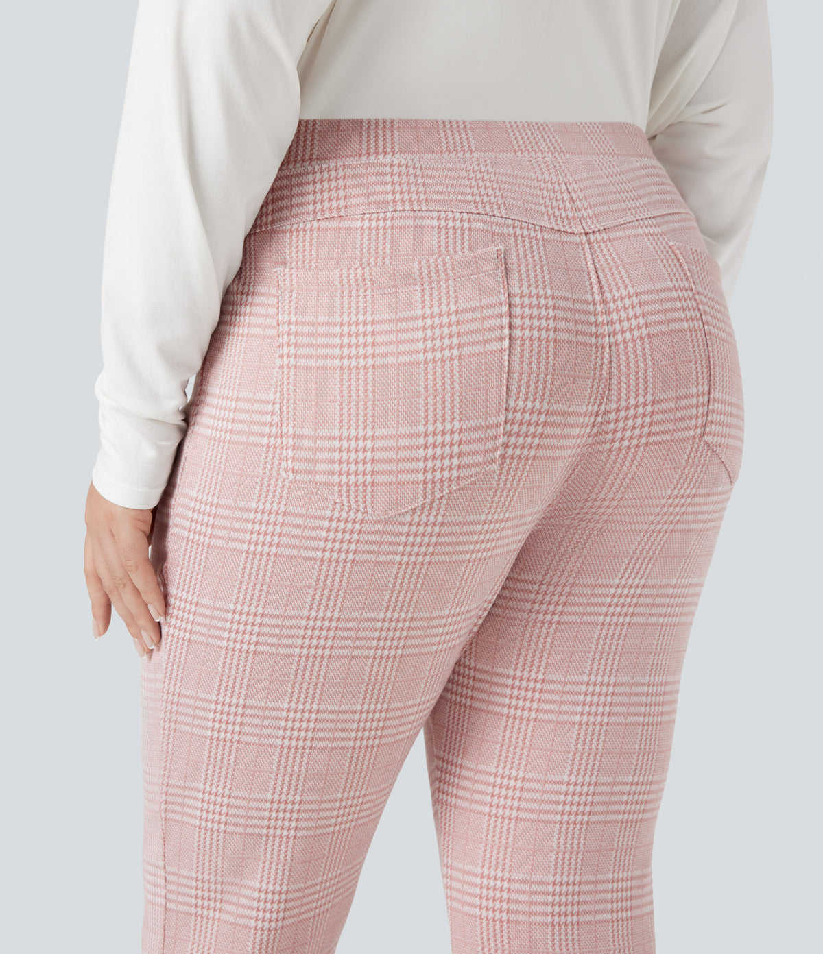 Plus Size High Waisted Houndstooth Plaid Skinny Work Trousers with Pockets — Bean Paste Houndstooth Plaid — view 4
