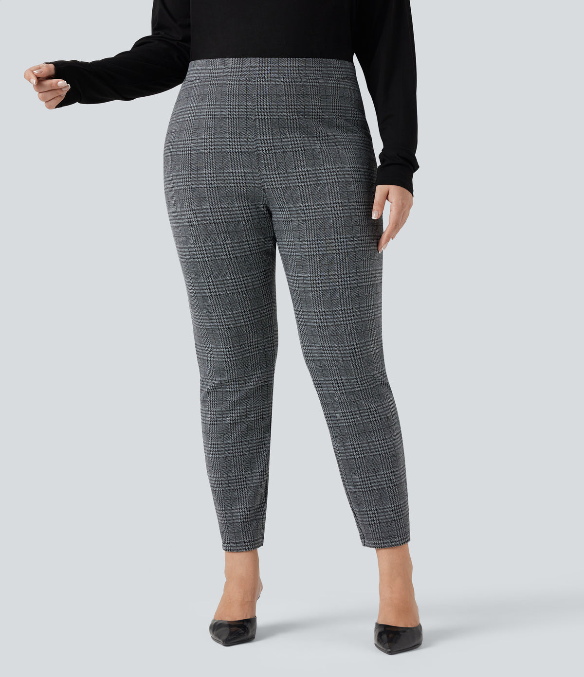 Plus Size High Waisted Houndstooth Plaid Skinny Work Trousers with Pockets — Dark Gray Plaid — view 8