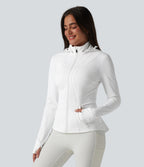 Removable Hood Thumb Holes Ruffle Hem Slim Hiking Jacket — White — view 3