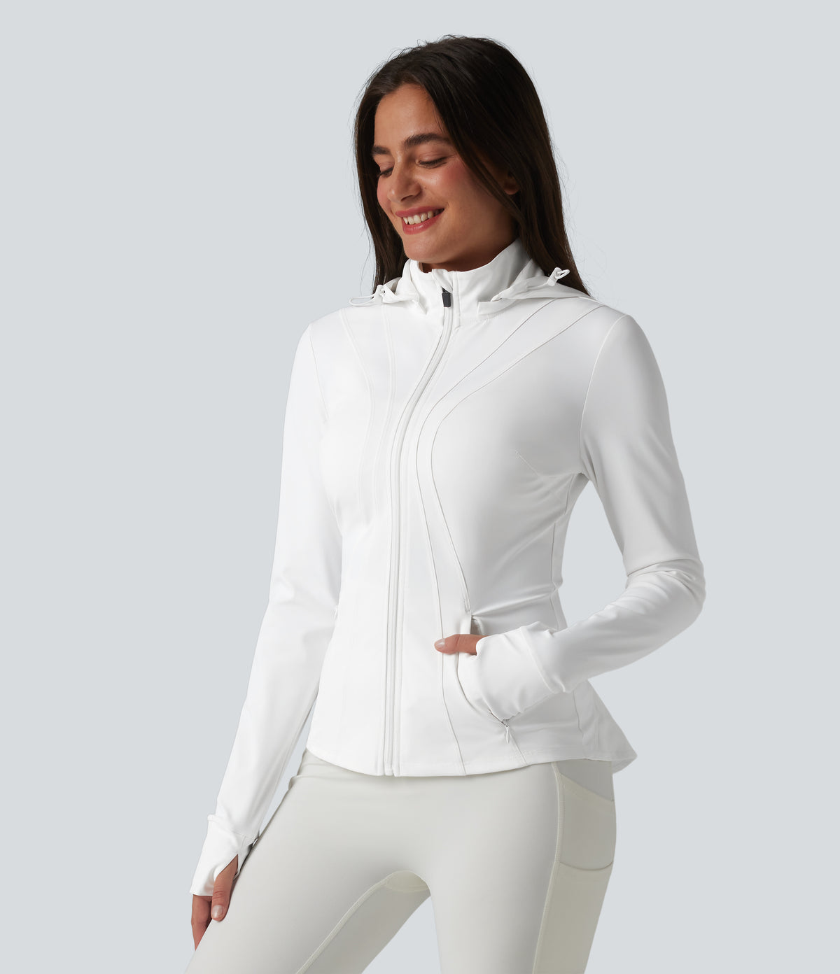 Removable Hood Thumb Holes Ruffle Hem Slim Hiking Jacket — White — view 3
