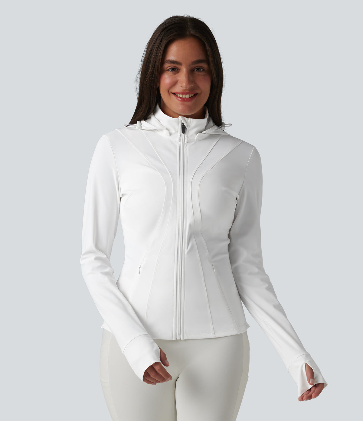 Removable Hood Thumb Holes Ruffle Hem Slim Hiking Jacket — White — view 2