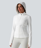 Removable Hood Thumb Holes Ruffle Hem Slim Hiking Jacket — White — view 4
