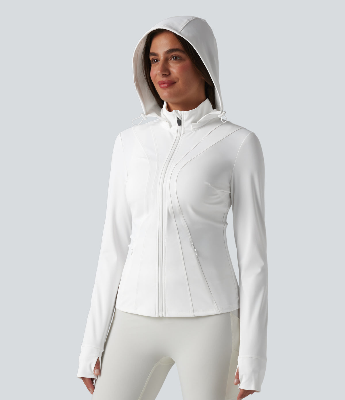 Removable Hood Thumb Holes Ruffle Hem Slim Hiking Jacket — White — view 4
