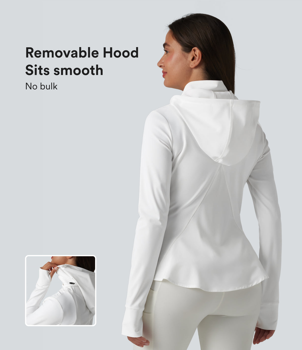 Removable Hood Thumb Holes Ruffle Hem Slim Hiking Jacket — White — view 1