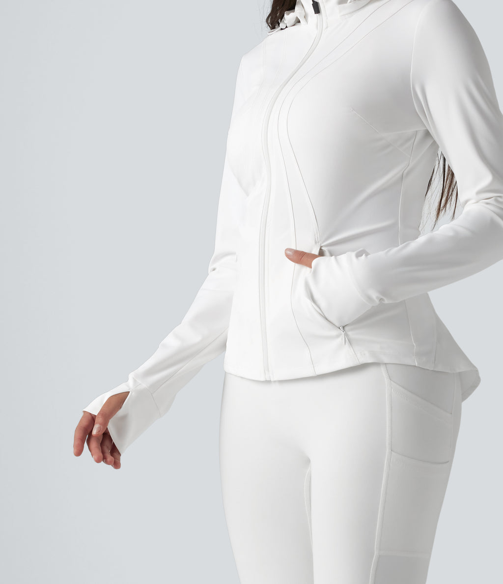 Removable Hood Thumb Holes Ruffle Hem Slim Hiking Jacket — White — view 7