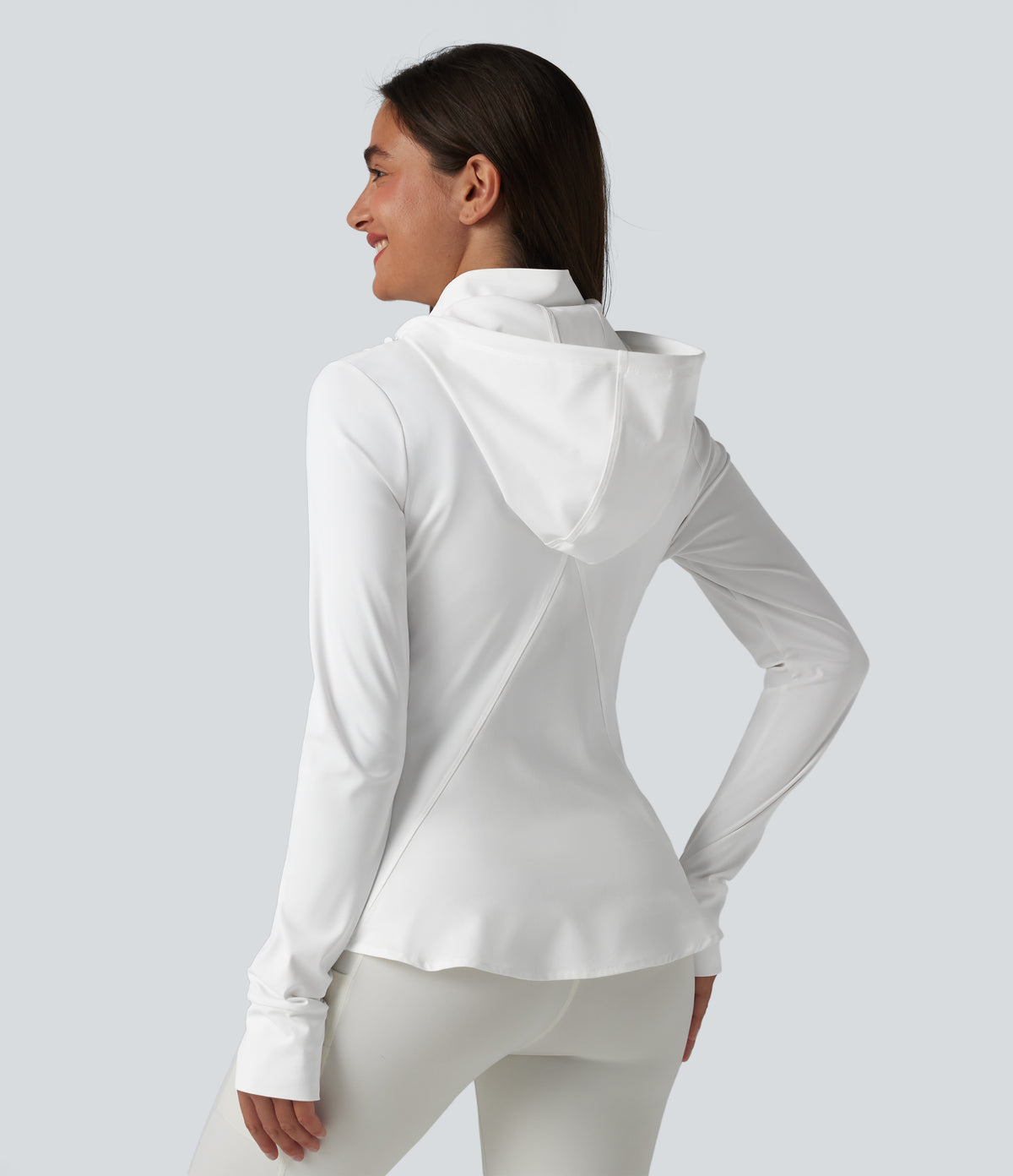 Removable Hood Thumb Holes Ruffle Hem Slim Hiking Jacket — White — view 8