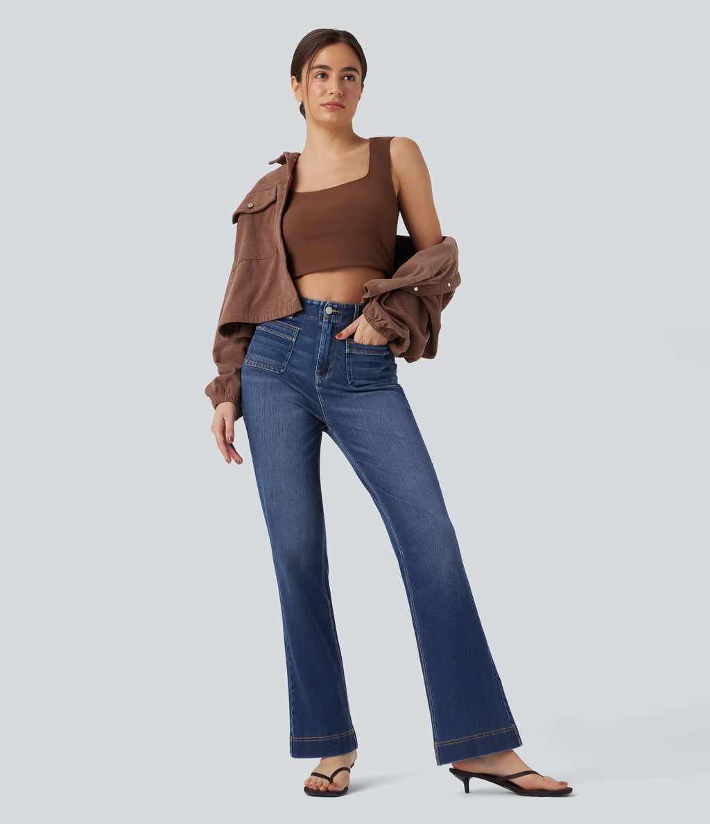 High-waisted Casual Slim Bootcut Jeans with Pockets — Estate Blue Denim — view 6