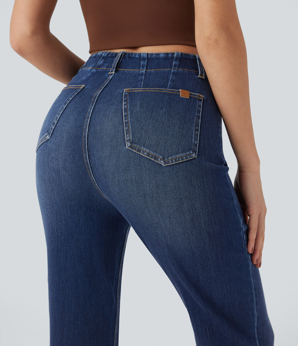 High-waisted Casual Slim Bootcut Jeans with Pockets — Estate Blue Denim — view 5