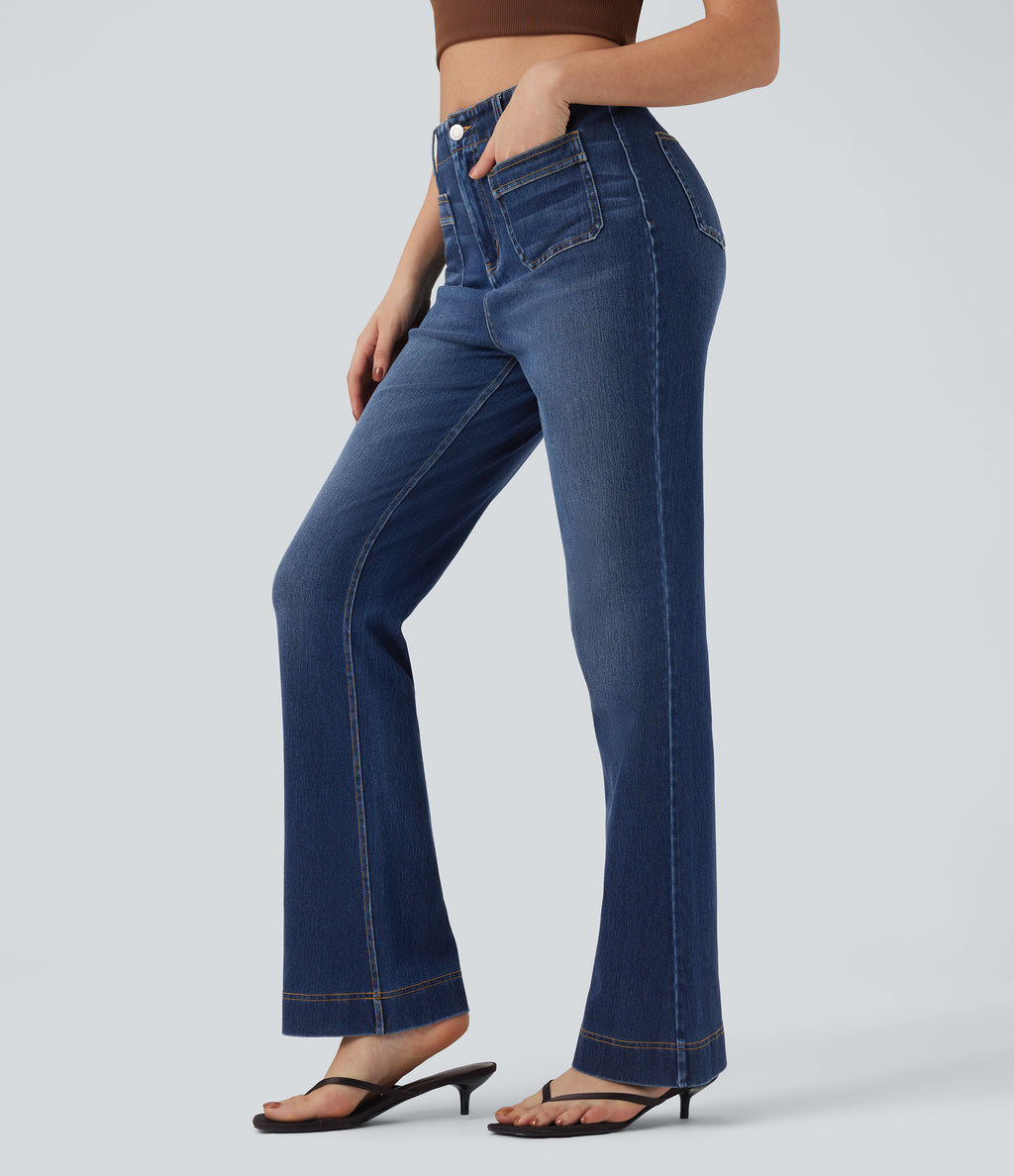 High-waisted Casual Slim Bootcut Jeans with Pockets — Estate Blue Denim — view 3