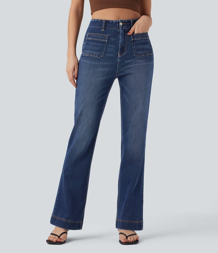 High-waisted Casual Slim Bootcut Jeans with Pockets — Estate Blue Denim — view 1