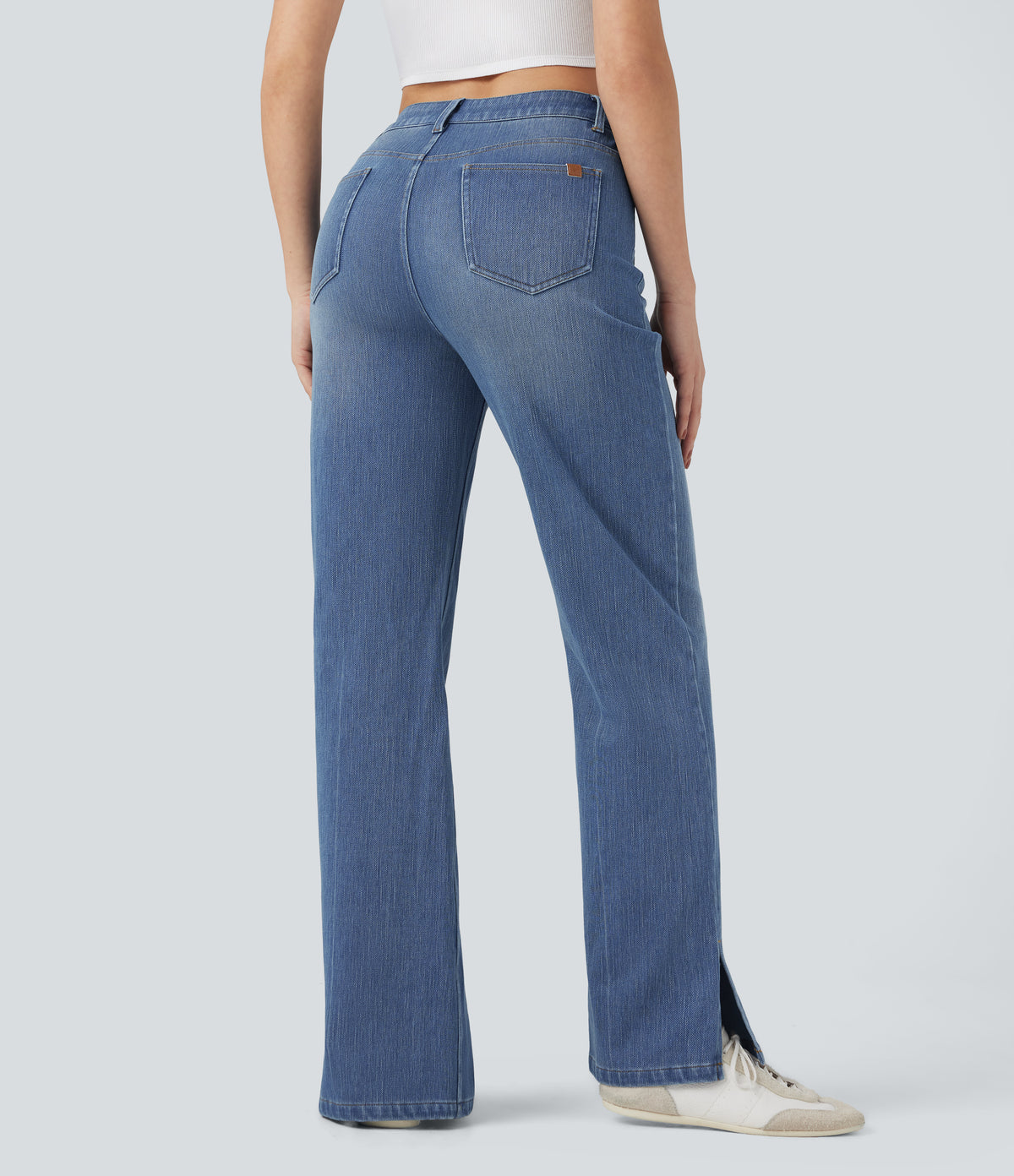 High Waisted Straight Leg Washed Casual Jeans with Pockets — Tide Blue Denim — view 2