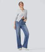 High Waisted Straight Leg Washed Casual Jeans with Pockets — Tide Blue Denim — view 7