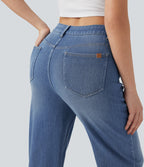 High Waisted Straight Leg Washed Casual Jeans with Pockets — Tide Blue Denim — view 4