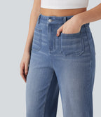 High Waisted Straight Leg Washed Casual Jeans with Pockets — Tide Blue Denim — view 5