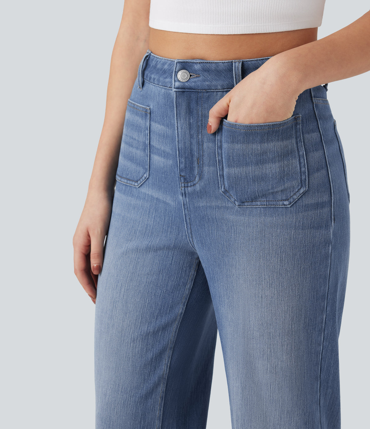 High Waisted Straight Leg Washed Casual Jeans with Pockets — Tide Blue Denim — view 5