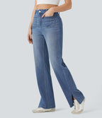 High Waisted Straight Leg Washed Casual Jeans with Pockets — Tide Blue Denim — view 3