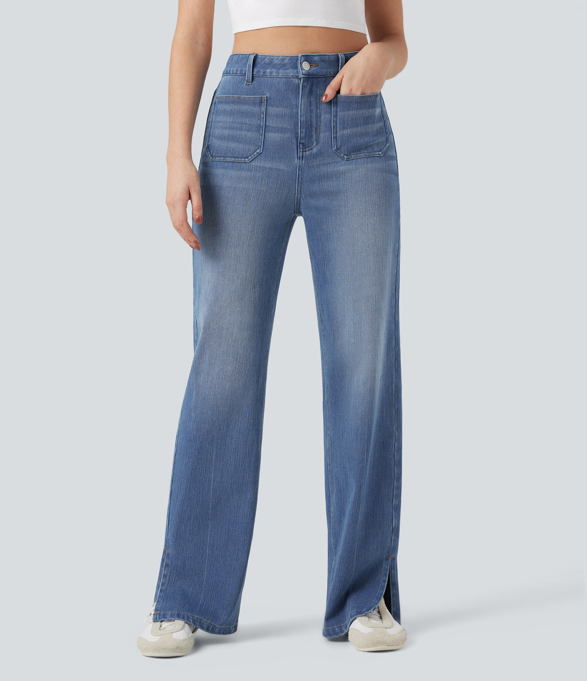 High Waisted Straight Leg Washed Casual Jeans with Pockets — Tide Blue Denim — view 1