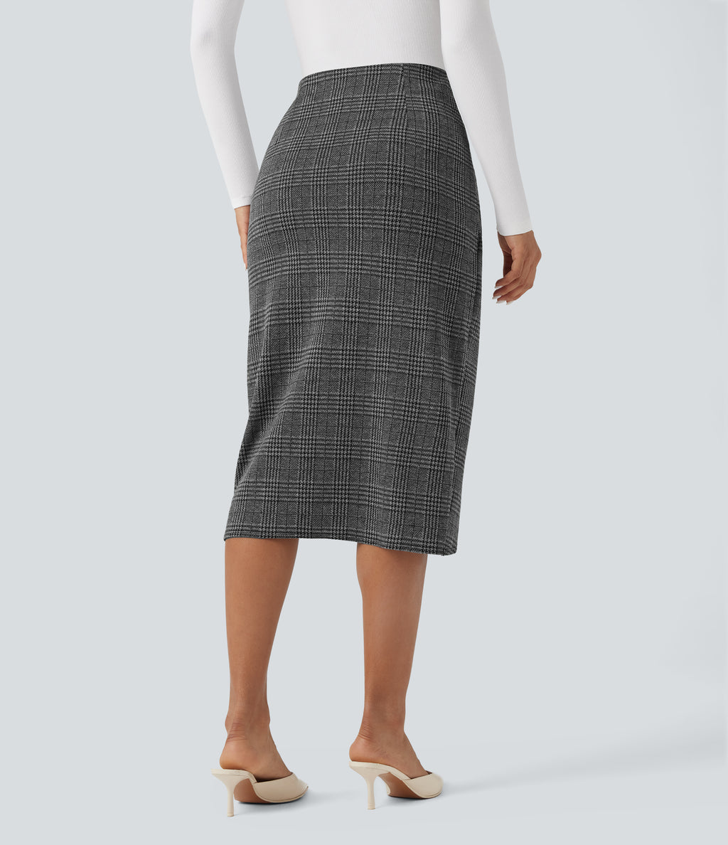 High Waisted 2-in-1 Tulip Hem Houndstooth Plaid Midi Work Skirt — Dark Gray Plaid — view 2
