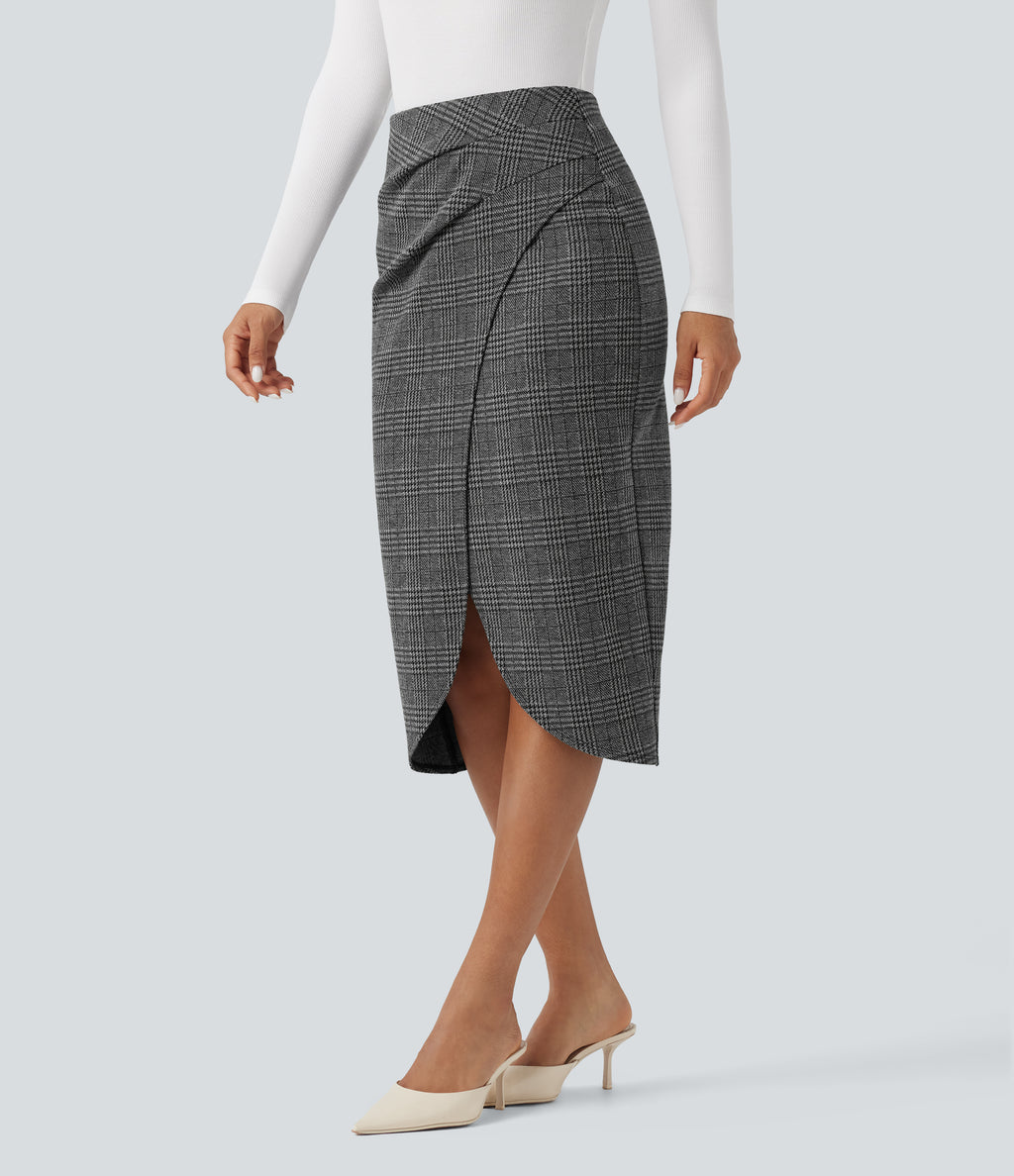 High Waisted 2-in-1 Tulip Hem Houndstooth Plaid Midi Work Skirt — Dark Gray Plaid — view 3