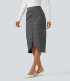 High Waisted 2-in-1 Tulip Hem Houndstooth Plaid Midi Work Skirt — Dark Gray Plaid — view 3