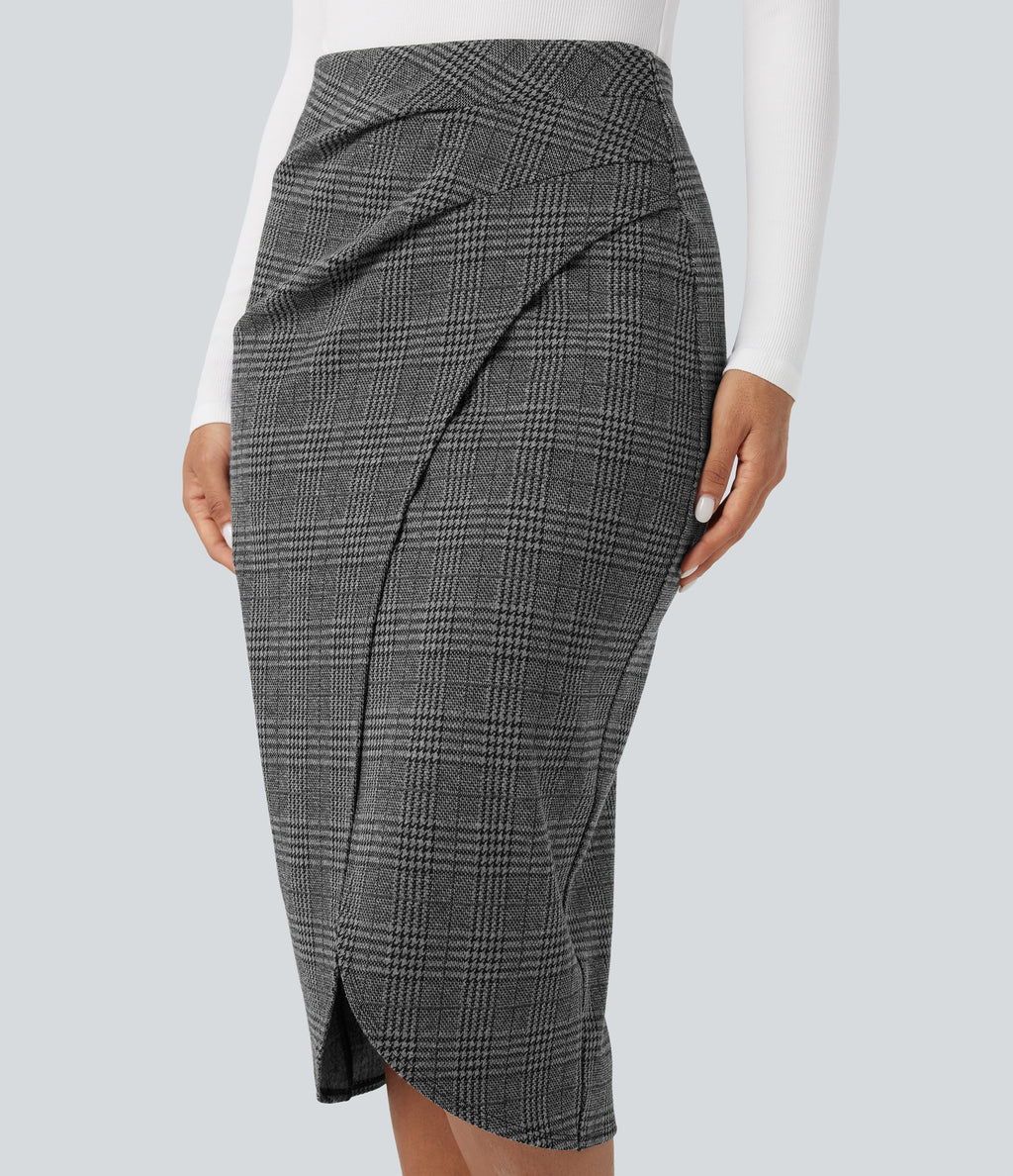 High Waisted 2-in-1 Tulip Hem Houndstooth Plaid Midi Work Skirt — Dark Gray Plaid — view 5