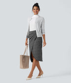 High Waisted 2-in-1 Tulip Hem Houndstooth Plaid Midi Work Skirt — Dark Gray Plaid — view 6