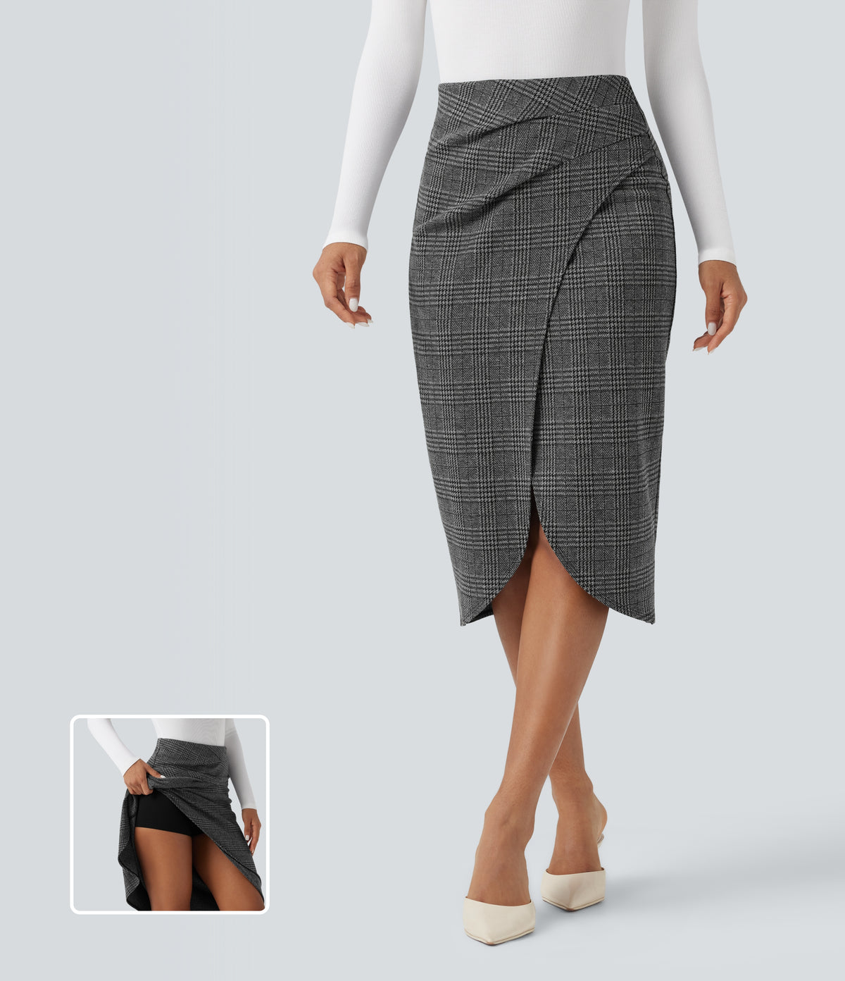 High Waisted 2-in-1 Tulip Hem Houndstooth Plaid Midi Work Skirt — Dark Gray Plaid — view 1