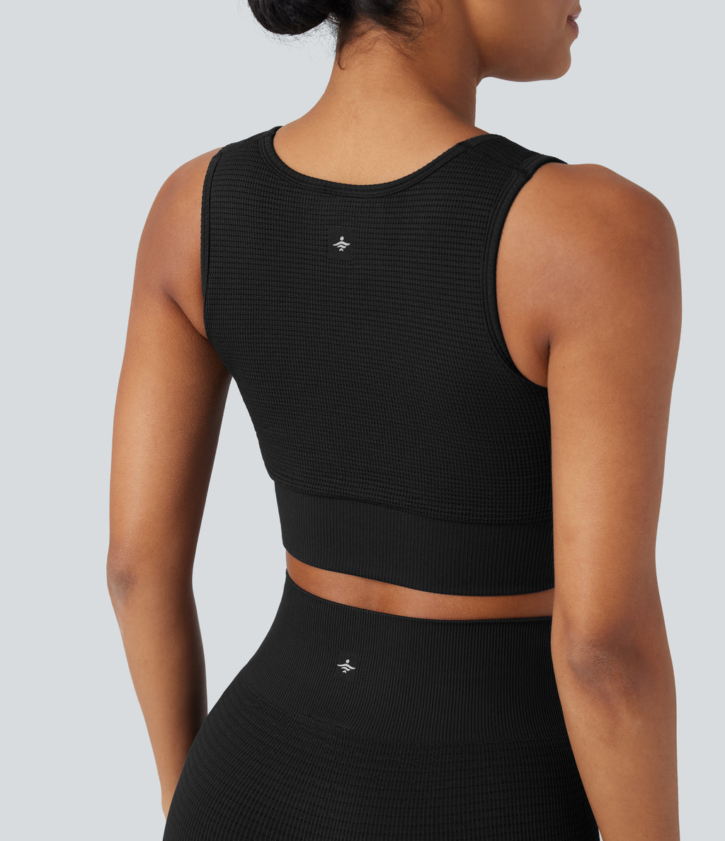 OneForm Seamless Flow Low Support U Neck Cropped Waffle Yoga Sports Bra — Black — view 5