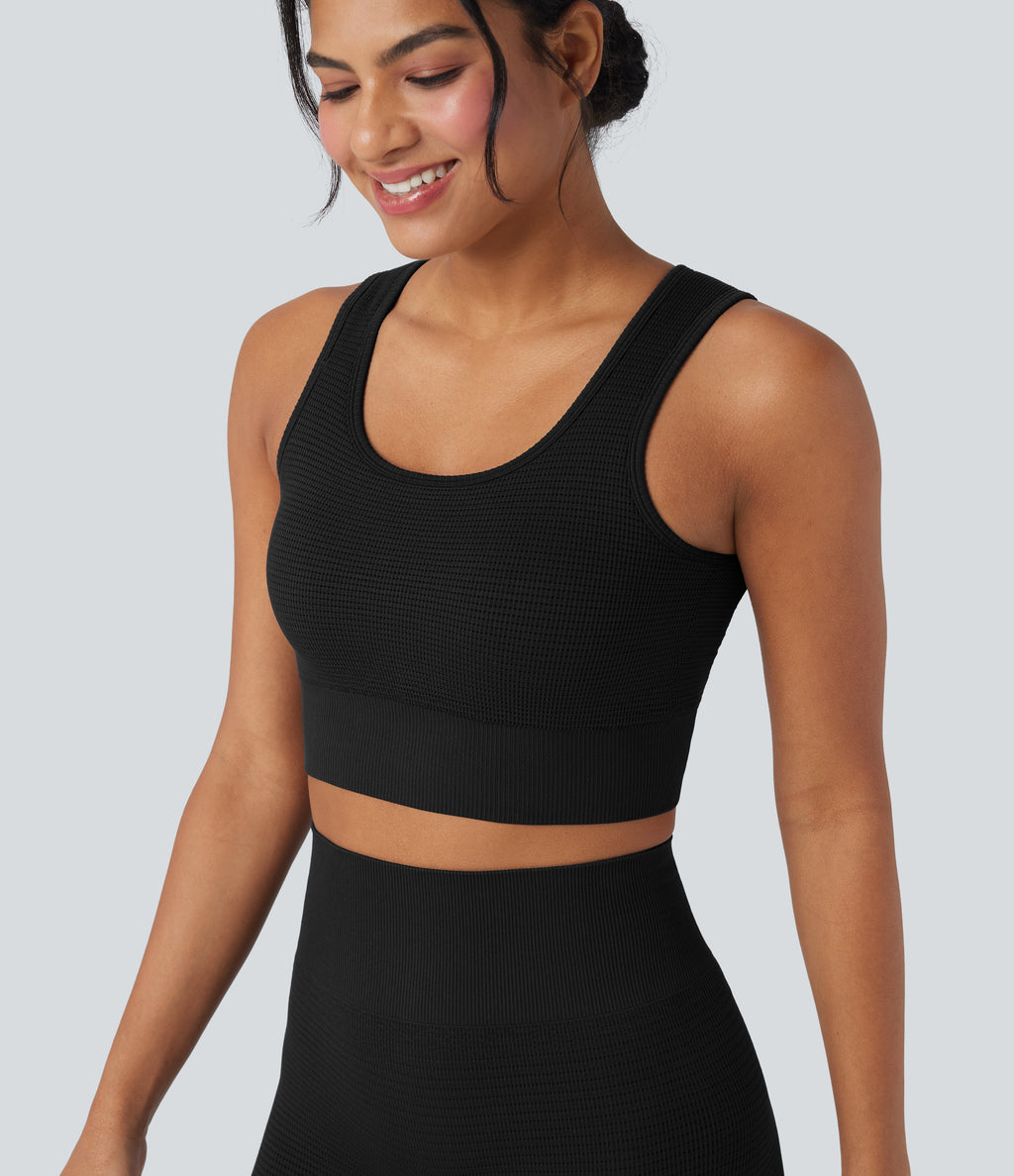 OneForm Seamless Flow Low Support U Neck Cropped Waffle Yoga Sports Bra — Black — view 1