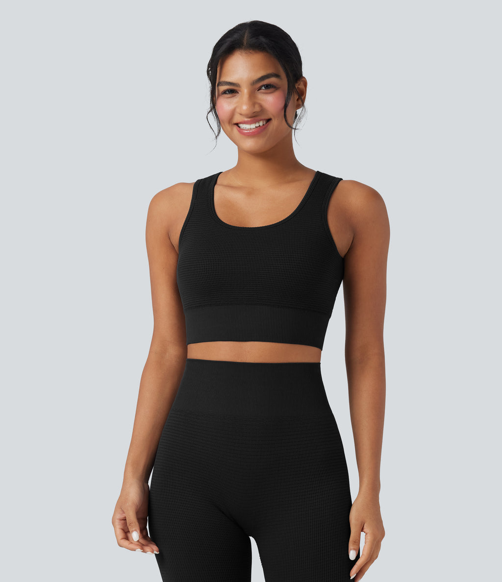 OneForm Seamless Flow Low Support U Neck Cropped Waffle Yoga Sports Bra — Black — view 3