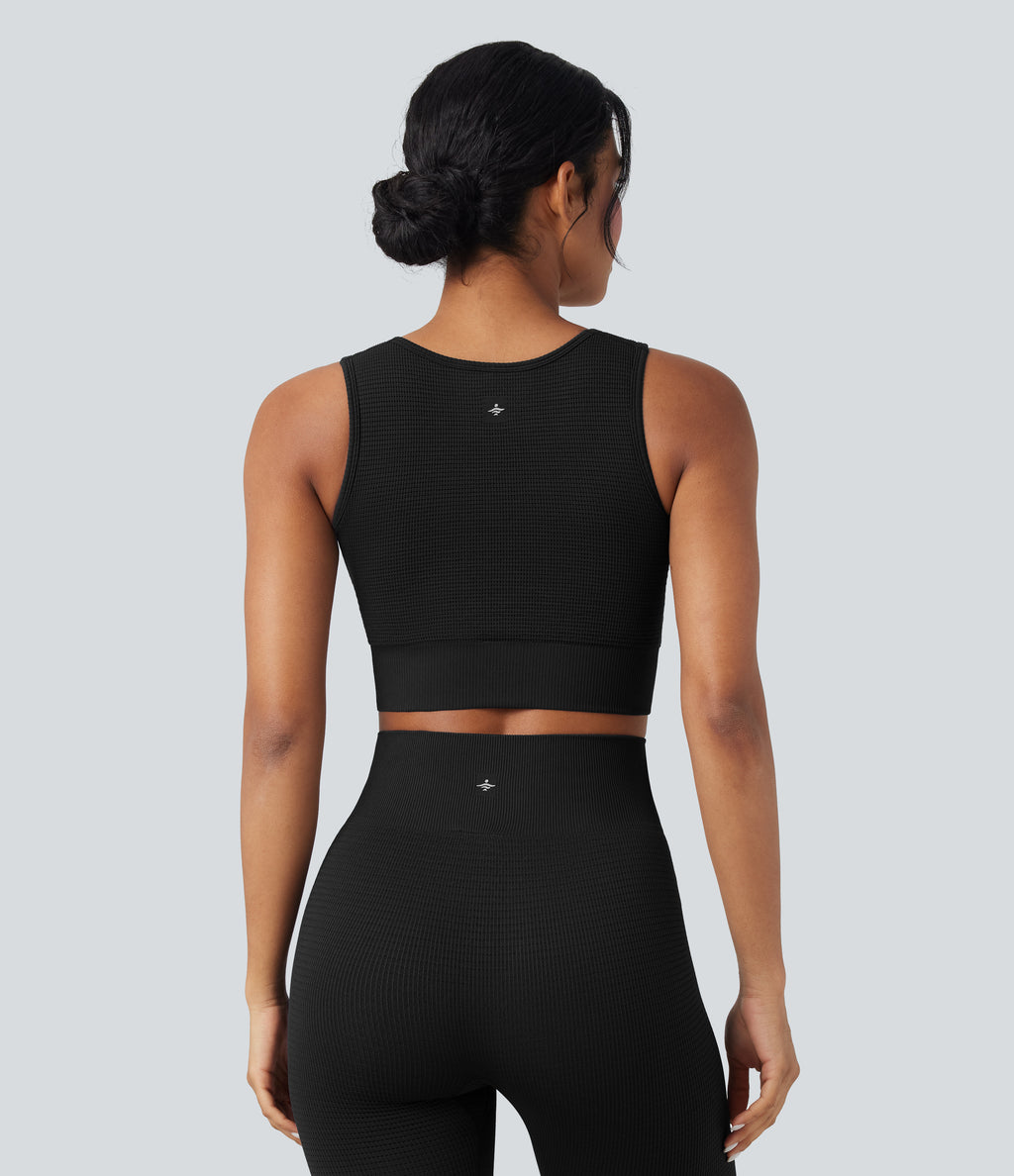 OneForm Seamless Flow Low Support U Neck Cropped Waffle Yoga Sports Bra — Black — view 2