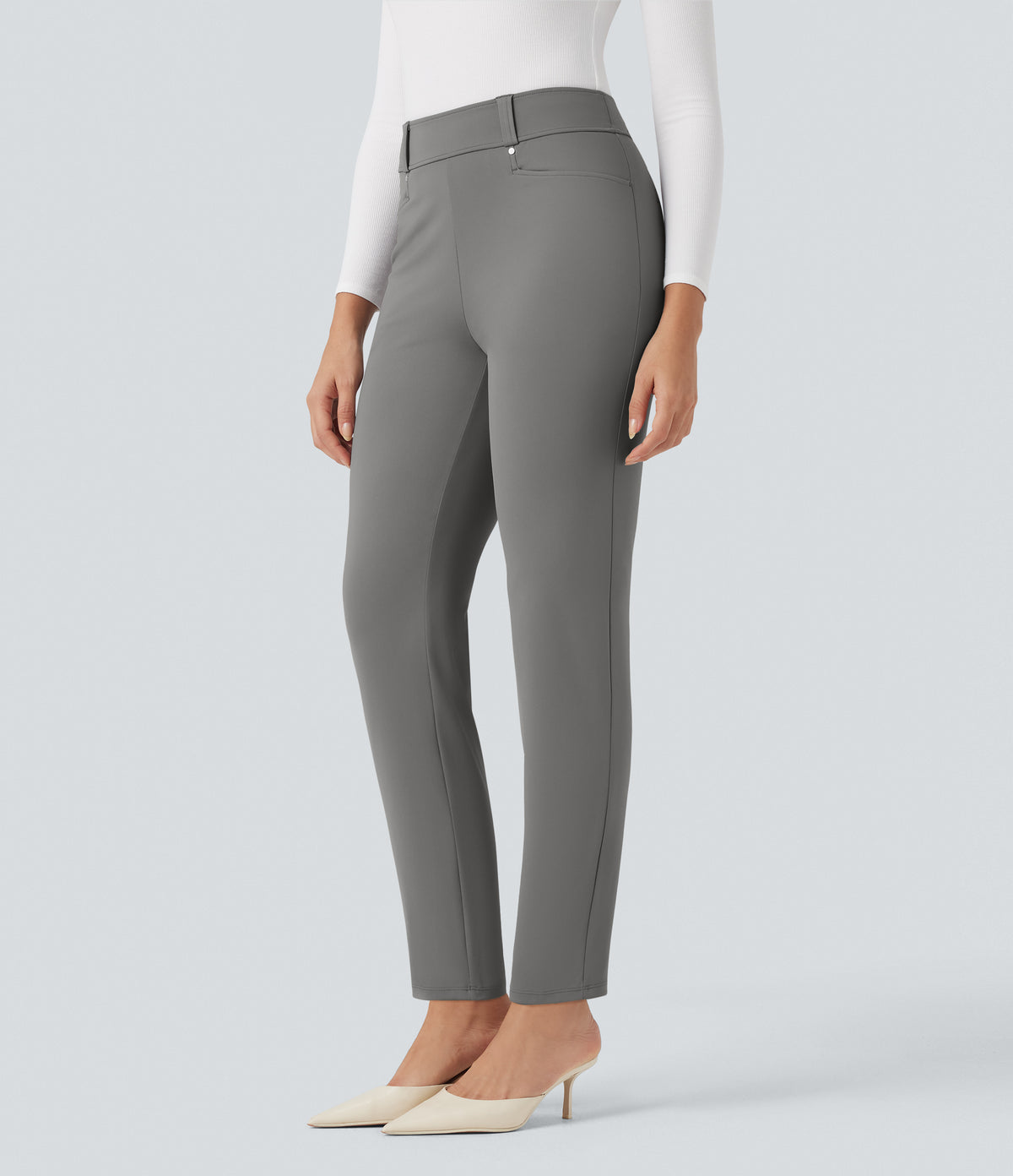 High Waisted 7/8 Work Tapered Trousers with Pockets — Silent Storm — view 3