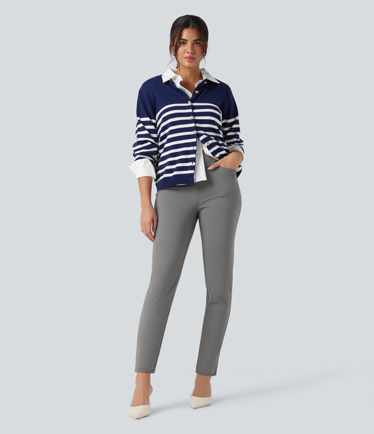 High Waisted 7/8 Work Tapered Trousers with Pockets — Silent Storm — view 6