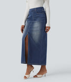 High Waisted Washed Denim Straight Maxi Casual Skirt with Pockets — Pageant Blue Denim — view 3