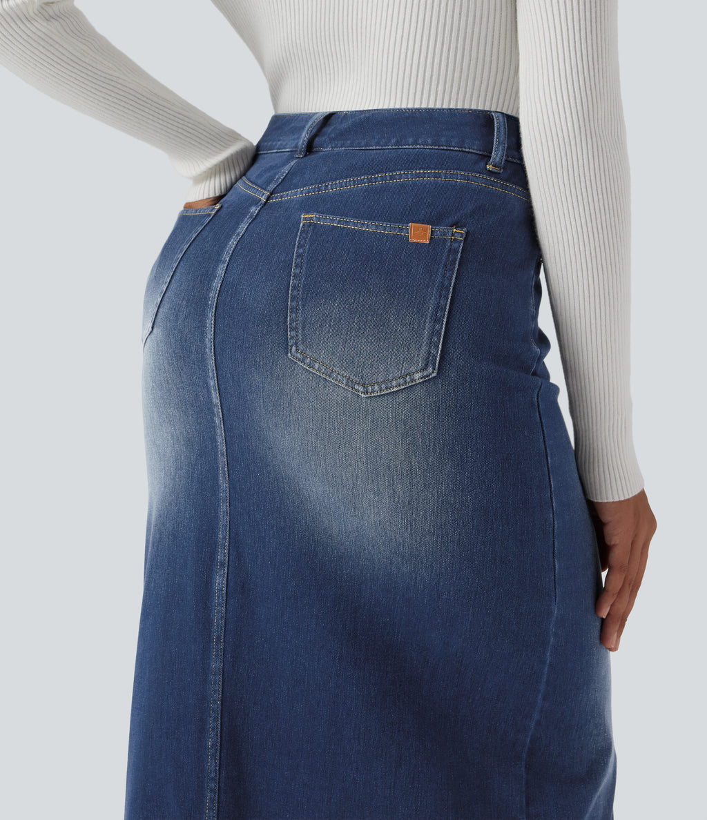 High Waisted Washed Denim Straight Maxi Casual Skirt with Pockets — Pageant Blue Denim — view 4