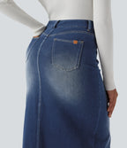 High Waisted Washed Denim Straight Maxi Casual Skirt with Pockets — Pageant Blue Denim — view 4